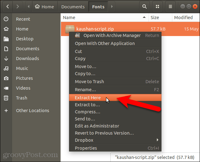 Bontsa ki a betűkészlet fájlt a Nautilus-ban, Ubuntu-ban
