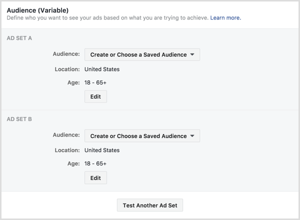 Facebook hirdetések osztott teszt hirdetéskészletei