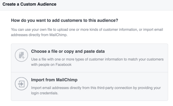 Válassza ki, hogyan szeretné feltölteni az ügyféladatokat a Facebook egyéni közönségének létrehozásához.