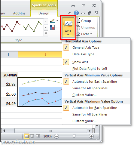 változtassa meg a szikrázó tengelyt az excel 2010-ben