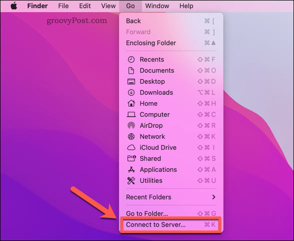 A Mac Finder Csatlakozás a kiszolgálóhoz opció megnyitása
