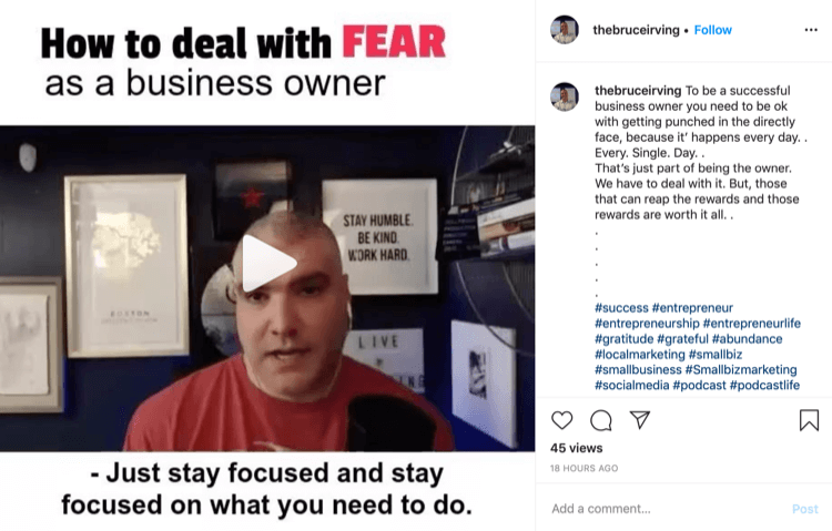 Bruce Irving Instagram bejegyzése arról, hogyan lehet kezelni a félelmet, mint vállalkozás tulajdonosát