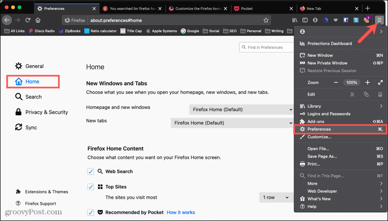 Firefox Preferences Home Mac gépen