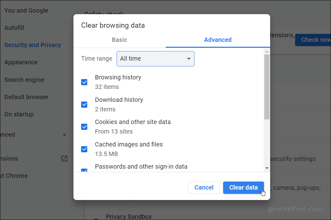 törölje a Chrome-adatokat, javítsa ki az err_cache_miss hibát a google chrome-ban