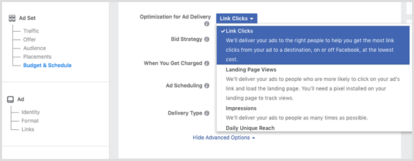 Válassza a Linkkattintások lehetőséget az Optimalizálás a hirdetésmegjelenítéshez legördülő listából, amikor beállítja Facebook-hirdetését.
