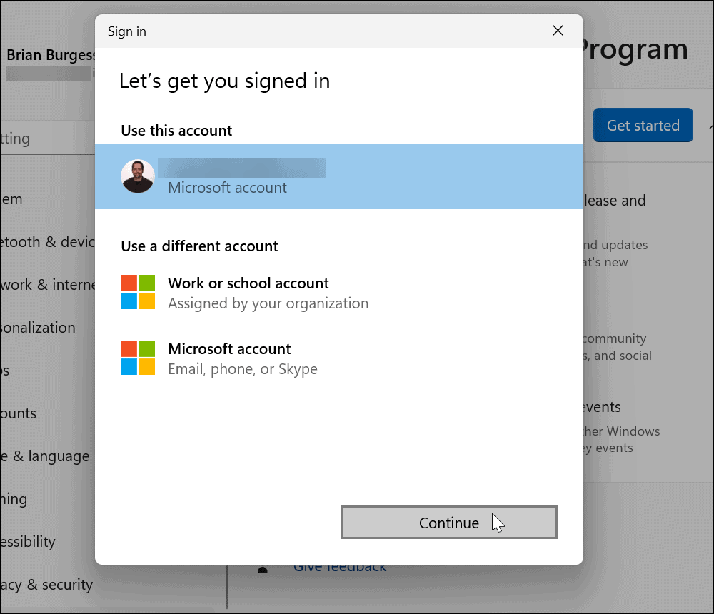 válassza a Microsoft fiókot