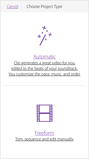 Válassza az Automatikus lehetőséget, ha az Adobe Premiere Clip videót készít Önnek.