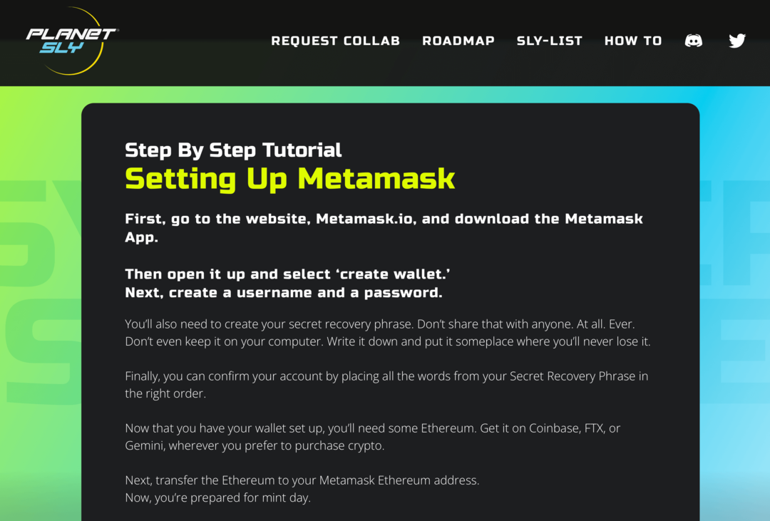 a Metamask bemutató képe a PlanetSLY webhelyen