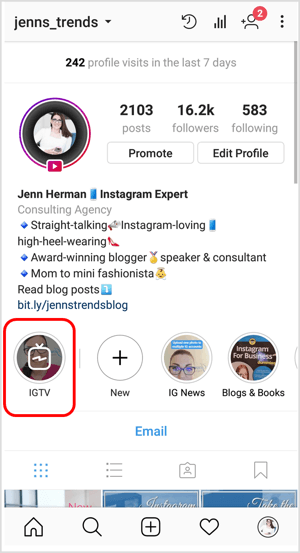 IGTV ikon egy Instagram-profilon