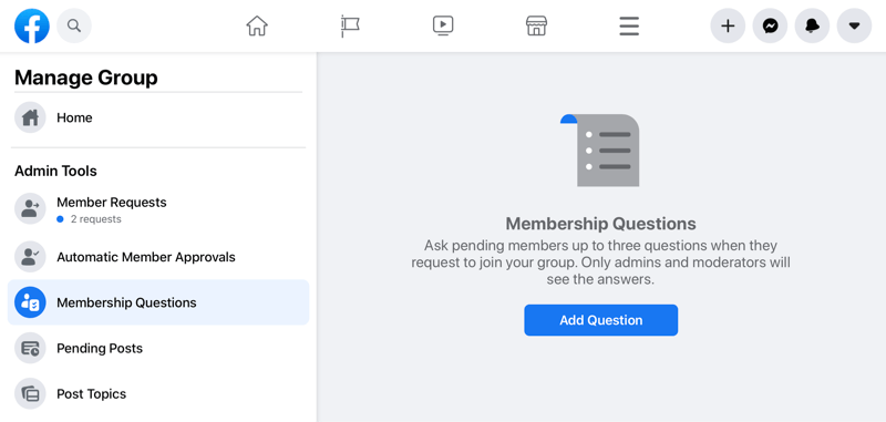 facebook kezelése csoport opció, kiemelve a tagsági kérdések opciót