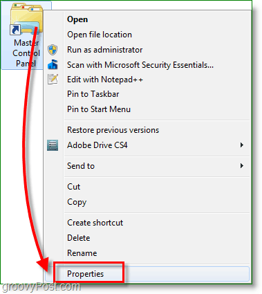 Windows 7 képernyőképe - kattintson a jobb gombbal a parancsikonra, és lépjen a tulajdonságok közé