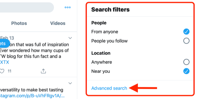képernyőkép a speciális keresés linkjét mutatja a twitter keresési szűrők mezőben