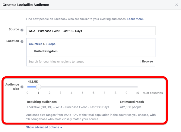 Közönségméret opció a Facebook Lookalike közönség létrehozásakor az egyéni közönségből.