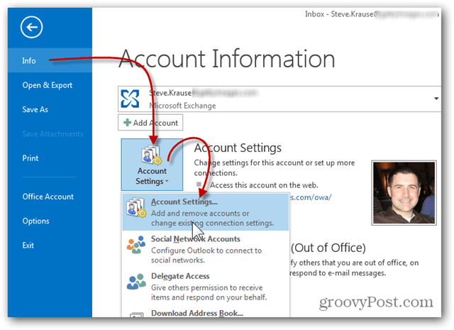 Új postafiók hozzáadása az Outlook 2013 programhoz - Kattintson az Információs fiókbeállítások elemre