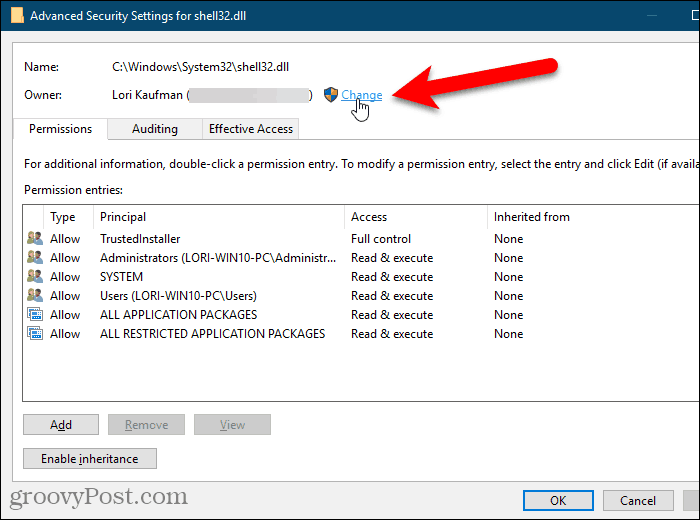 A Windows Registry Editor speciális biztonsági beállításai párbeszédpanelen kattintson a Tulajdonos módosítása elemre