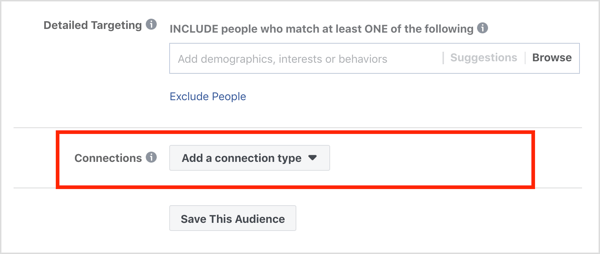 Kapcsolatok szakasz a Facebook hirdetési kampány Közönség szakaszában.