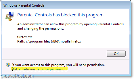 egy felbukkanó ablak jelenik meg a Windows 7-ben, amikor egy szülői felügyeleti házirend blokkolja azt