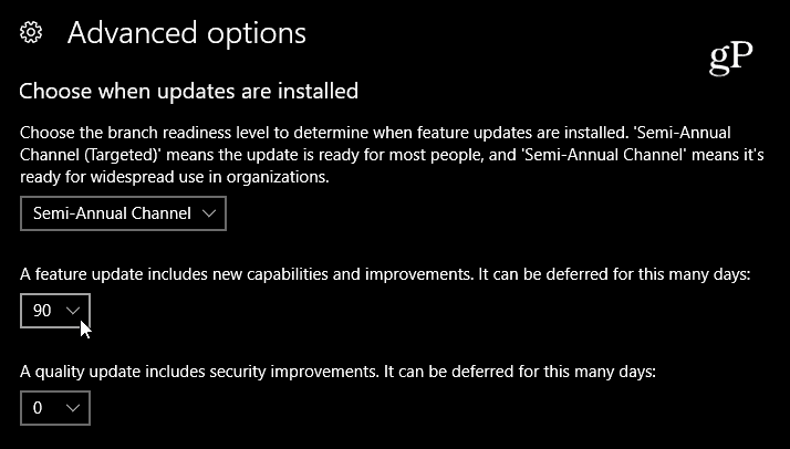 Válassza a Windows 10 szolgáltatásfrissítés késleltetését