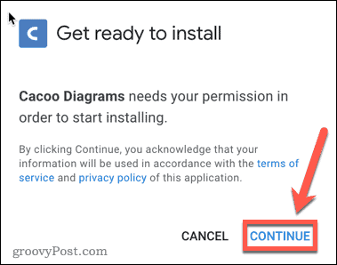 A Google Docs Cacoo bővítmény telepítésének megerősítése