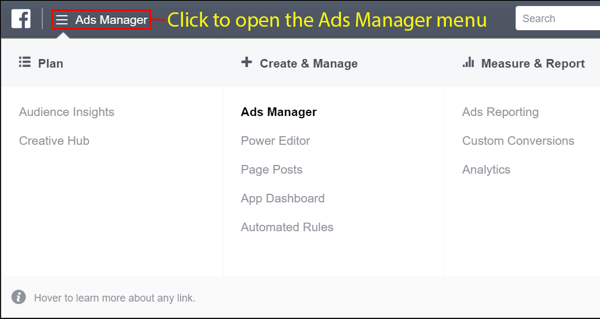 A fiók létrehozása után nyissa meg a Facebook Ads Manager menüt.