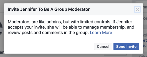 Hogyan lehet javítani a Facebook csoport közösségén, példa a Facebook üzenetre, amikor egy tagot választunk csoport moderátorának