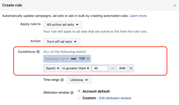 Használja a Facebook automatizált szabályait, és állítsa le a hirdetéskészletet, ha a költség kétszerese a költségnek és kevesebb, mint 1 vásárlás, 2. lépés: a feltételek beállításai