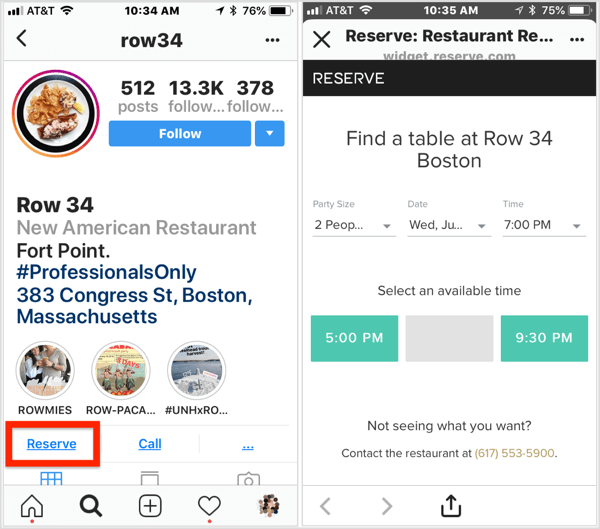 Foglaláshoz kattintson az étterem Instagram üzleti profilján a Foglalás művelet gombra. 
