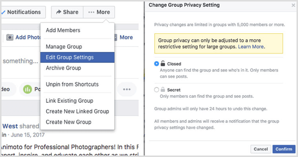 A Facebook csoport megváltoztatja az adatvédelmi beállítást