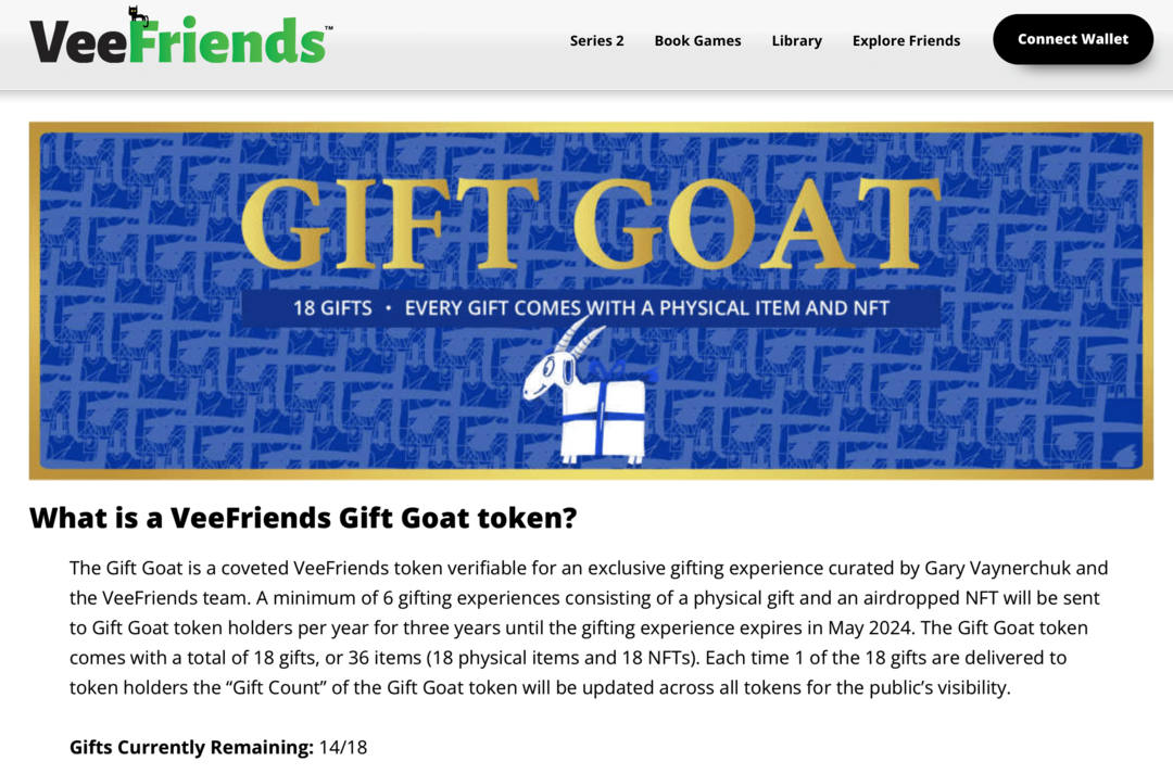 A VeeFriends Gift Goat token előnyeinek képe a VeeFriends webhelyén