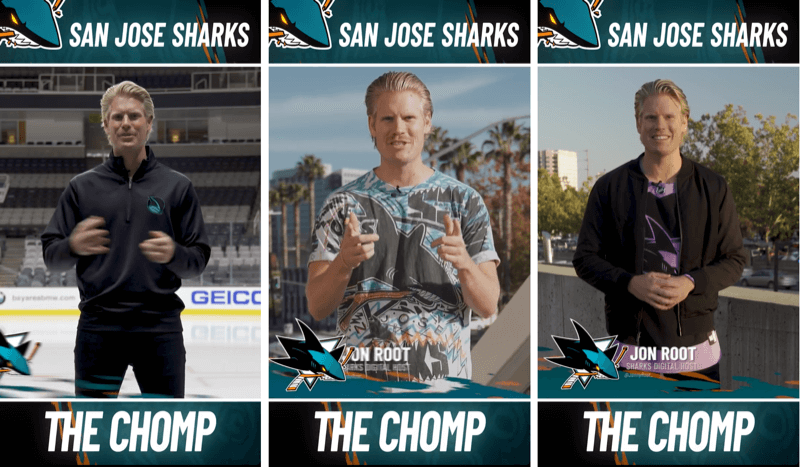három Instagram Stories bejegyzés a San Jose Shark The Chomp szegmenséből