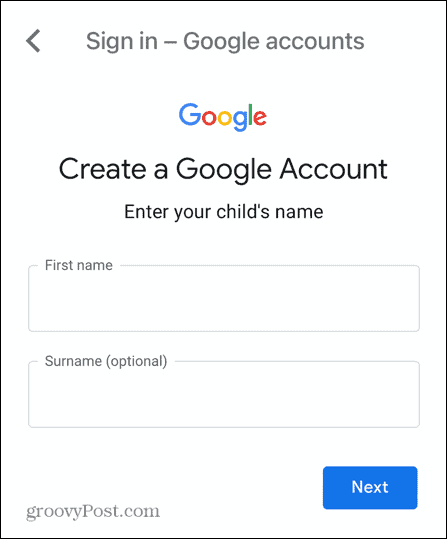 gmail gyermek fiók neve
