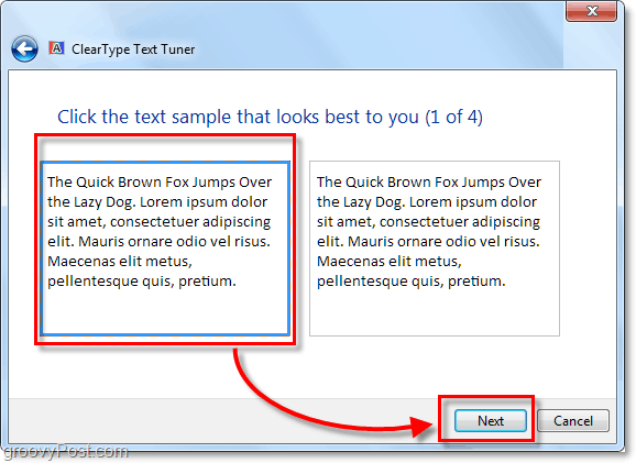A ClearType kalibrálásának 1. lépése a Windows 7 rendszerben