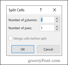 A Word Split Cells menü