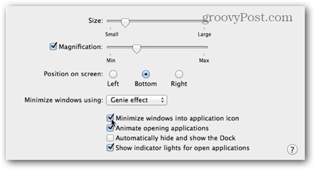 Jelölje be az Ablakok minimalizálása az alkalmazás ikonra mezőt.