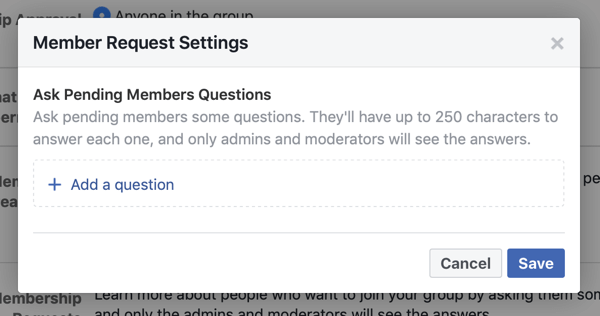 Hogyan lehet javítani a Facebook-csoport közösségében, példa a Facebook-tagok kérésének beállításaira, amelyek lehetővé teszik az új tagok kérdéseit