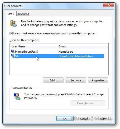 Bejelentkezés a Windows 7 automatikusan 3