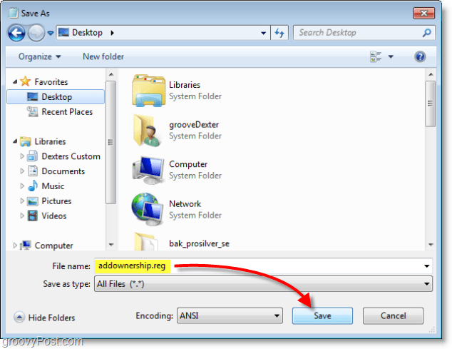 Windows 7 képernyőképe - mentés addownership.reg néven