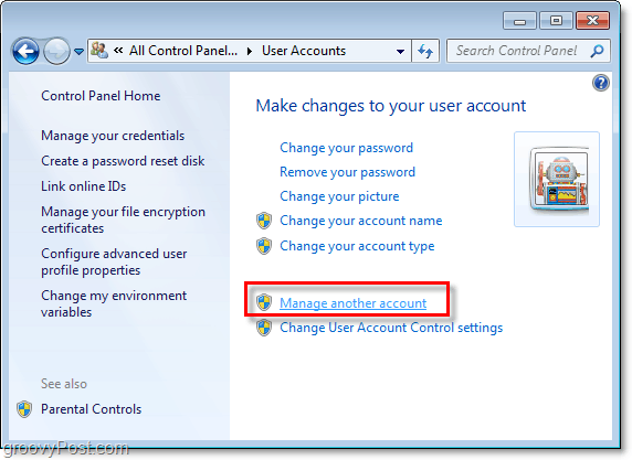 kattintson a Windows 7 felhasználói fiók oldalán egy másik fiók kezelése elemre