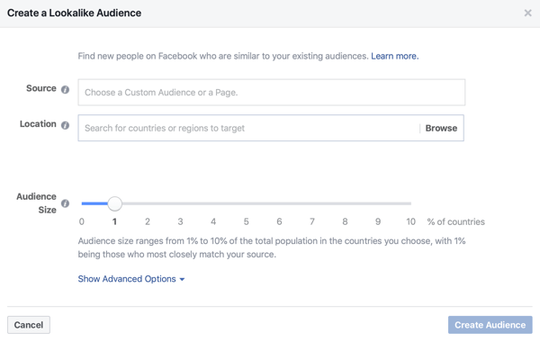 Lehetőség 1% -os megjelenésű közönség létrehozására Facebook-hirdetéseihez.