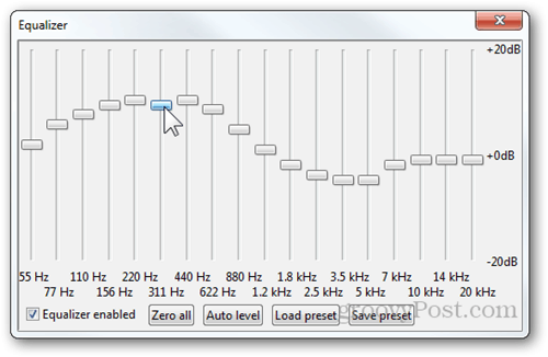 A foobar2000 hangszínszabályzó oszlopok decibelek dB automatikus szintű terhelés előre beállított mentés