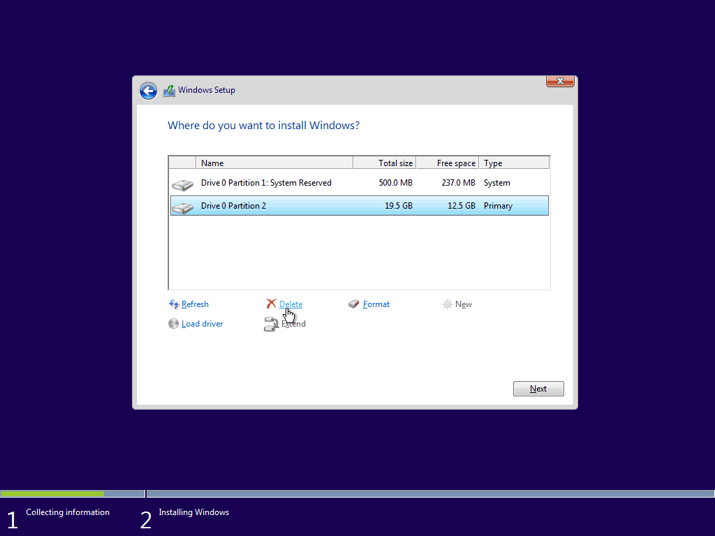 05 Törölje a meglévő elsődleges partíciós Windows 10 tiszta telepítését