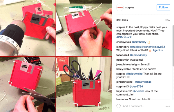 Ez a Staples Instagram-fotó kollázs okos módszert mutat a hajlékonylemezek asztali kiegészítővé történő felhasználására.