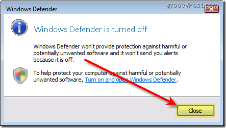 Tiltsa le a Windows Defender Vista alkalmazást