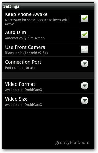A DroidCam Android alkalmazás beállításai