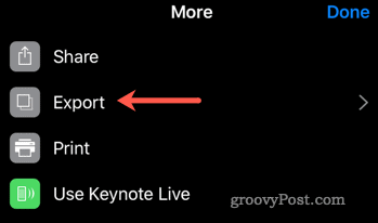 Indítsa el az exportálási folyamatot a Keynote-ból a PowerPoint-be iOS rendszeren