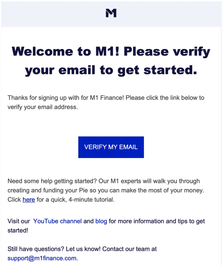 M1 Finance igazolja az e-mailt