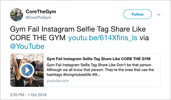 Ez egy képernyőkép a @CoreTheGym tweetjéről. A tweet azt írja: „Gym Fail INstagram Selfie Tag Share Like CORE THE GYM”, és egy YouTube-videóra mutat. A videó leírása: „Ne légy olyan, mint az illető. Bár mindannyian ismerjük azt a személyt. Ők használják a #livingmybestlife ”hashtageket. A videó linkje a youtu.be/614Xfins_ls.