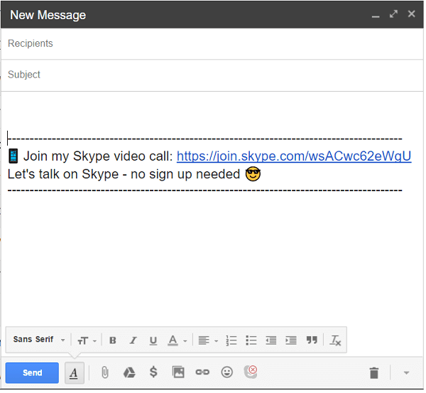 Hívás link hozzáadásához kattintson az e-mail alján található Skype ikonra.