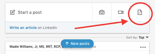 LinkedIn dokumentummegosztó bejegyzés, töltse fel a dokumentumot az organikus bejegyzés 1. lépésére, adjon hozzá új dokumentum ikont
