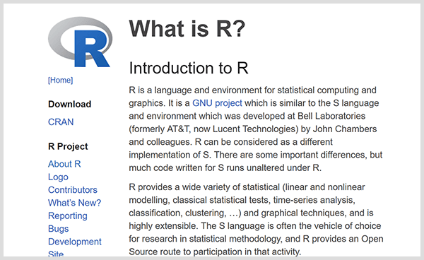 Készítse el saját prediktív elemző eszközeit az R programozási nyelvvel. Az R bevezető weboldalának képernyőképe. 